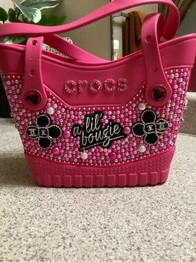 CROCS Hot Pink Jeweled Tote with 'a lil bougie' Patch